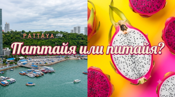 Коллаж с надписью Паттайя на холме и фруктами питахайя в Паттайя